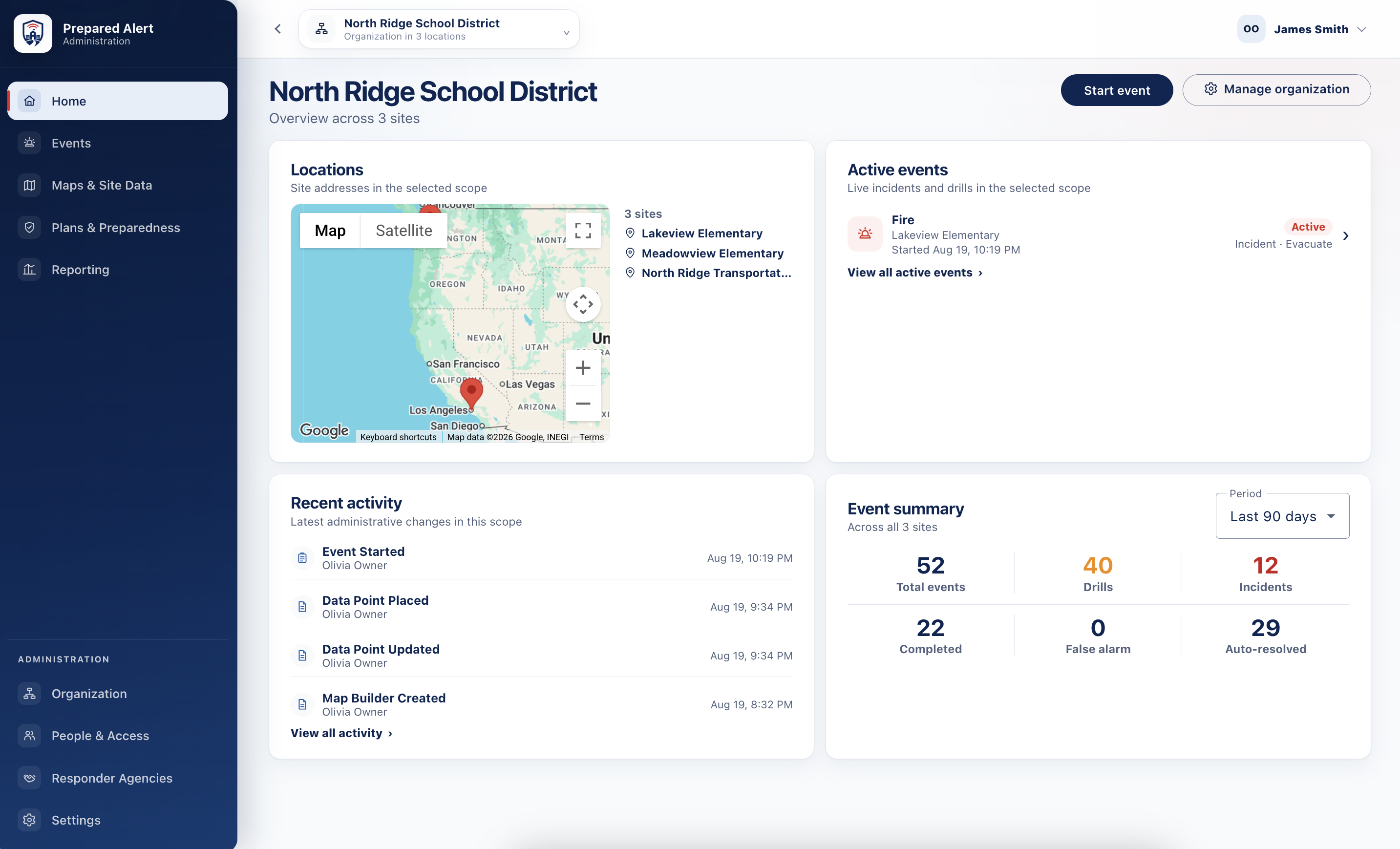 Prepared Alert Administration dashboard showing district sites, active events, recent activity, and event reporting.