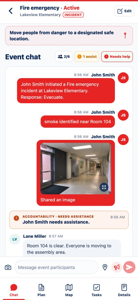 Prepared Alert App showing Event chat, accountability status, assistance requests, and response updates during an active incident.